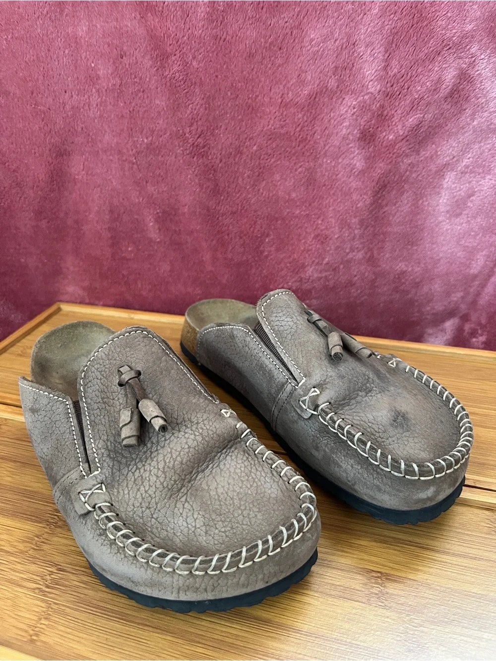 Papillio Birkenstock Leather Mule Clog Brown Tassle Whipstitch - Picture 5 of 10